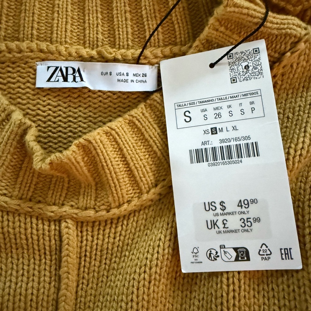 Zara women’s lightweight cotton mustard yellow cropped sweater new with tags.